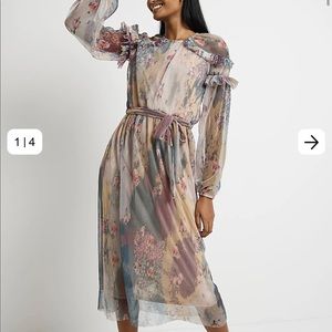 PINK FLORAL FRILL MIDI DRESS